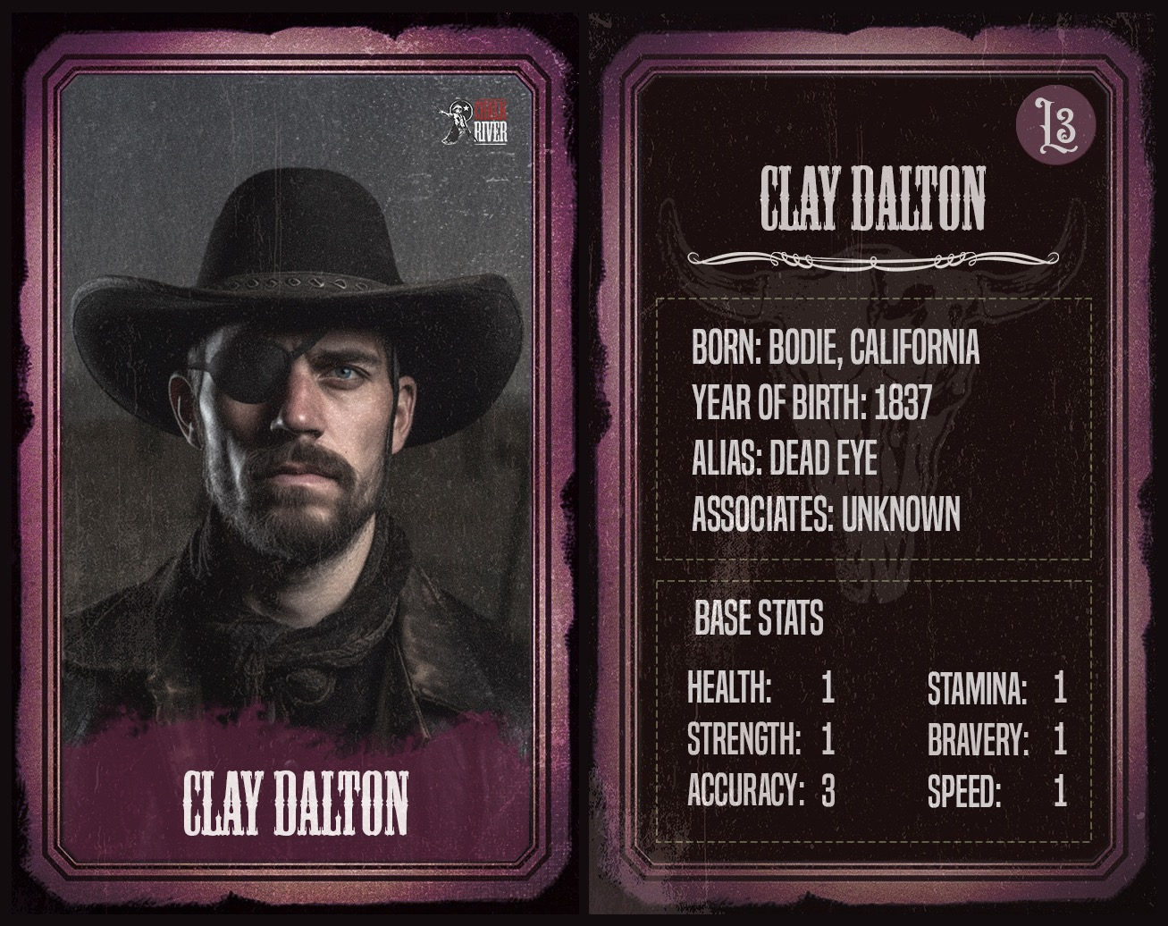 Character card showing Clay Dalton, a bearded man in a black cowboy hat with a shadowy, menacing appearance. Stats show he was born in Bodie, California in 1837 and goes by the alias "Dead Eye."