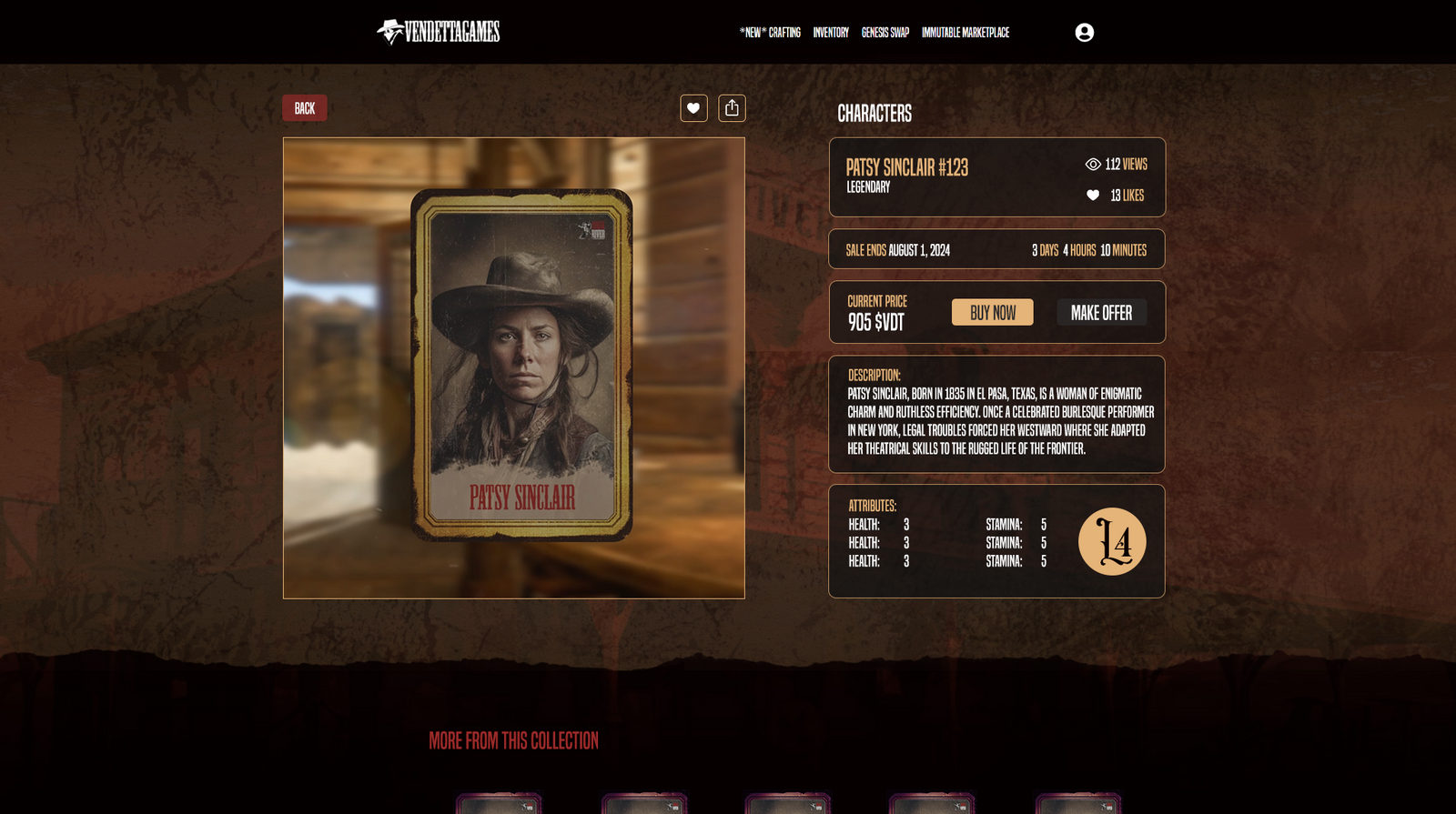 Screenshot of Vendetta Games marketplace showing Patsy Sinclair character card for sale, with price listing and character stats displayed on a Western-themed interface.