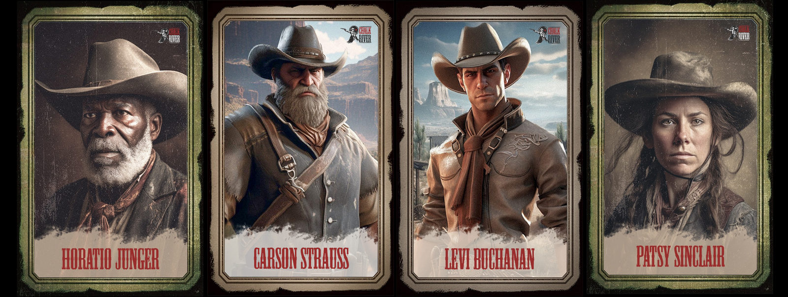 Four Chalk River character portraits: Horatio Junger, Carson Strauss, Levi Buchanan, and Patsy Sinclair - main playable characters in vintage trading card style