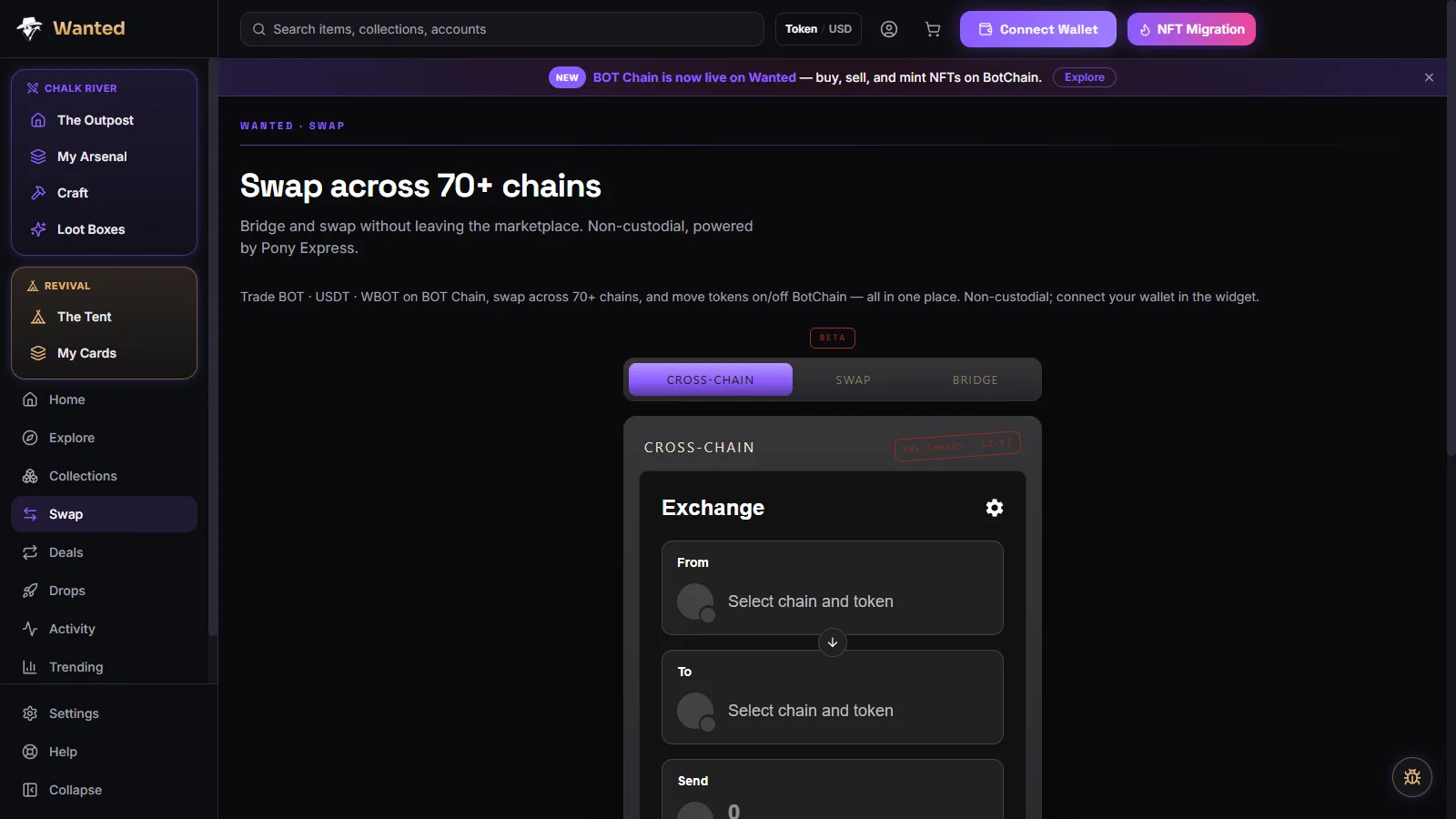 Wanted's cross-chain swap, trading across more than 70 chains