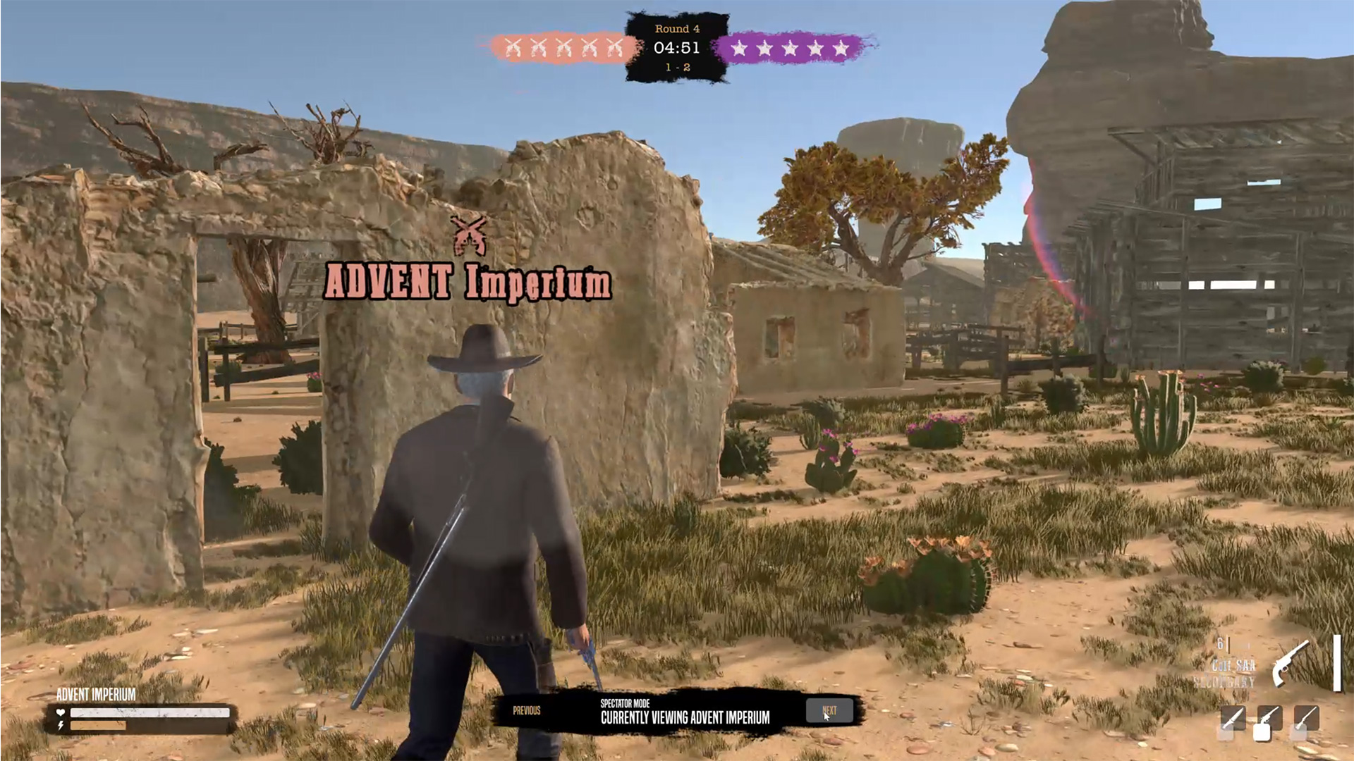 A gunfight in the township, seen from behind a player character in a long coat