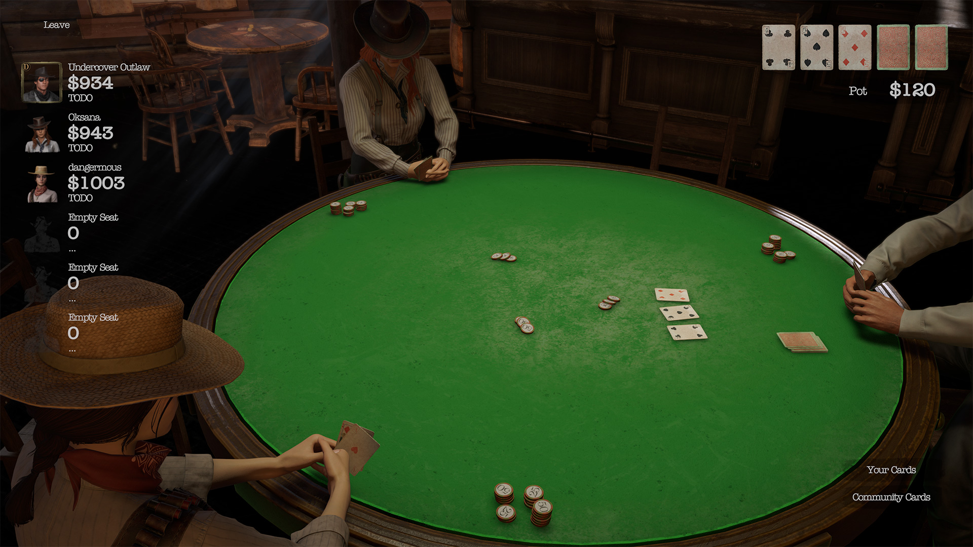 The saloon's poker room, a hand in play around the table